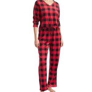 PJ Couture Women's Matching Red Buffalo Check Oh So Soft Velour Pajamas Set